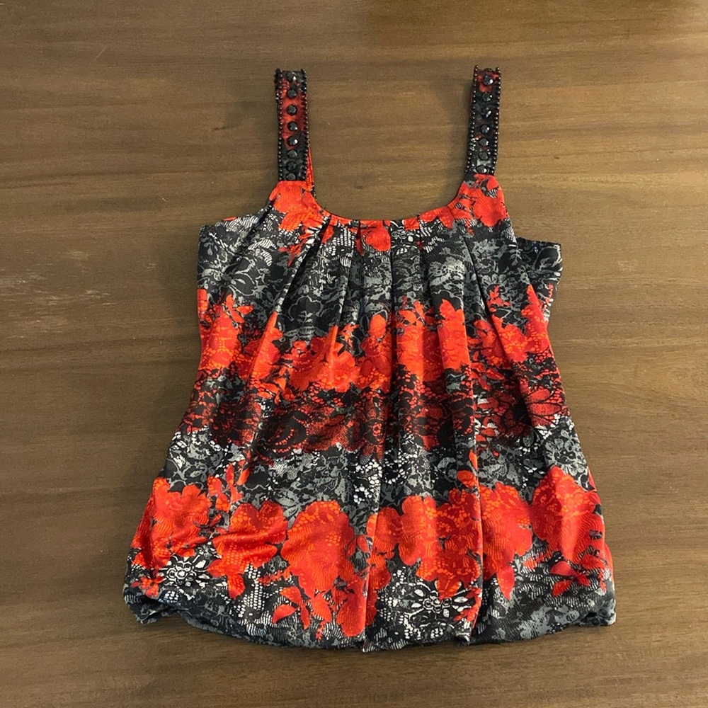 Red Black Gray Lace Floral Animal Print Beaded Strap Sleeveless Blouse Small